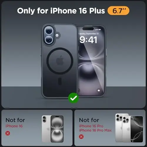 Miracase Magnetic for iPhone 16 Plus Case [with 2X Screen Protectors] [MagSafe bilan mos], Yupqa Ingichka Telefon G'ilofi Harbiy Standart Himoyalangan iPhone 16 Plus Qopqog'i Bumper 6.7 Inch, Qora - MIRACASE (1)