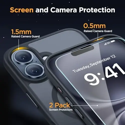 Miracase Magnetic for iPhone 16 Plus Case [with 2X Screen Protectors] [MagSafe bilan mos], Yupqa Ingichka Telefon G'ilofi Harbiy Standart Himoyalangan iPhone 16 Plus Qopqog'i Bumper 6.7 Inch, Qora - 5