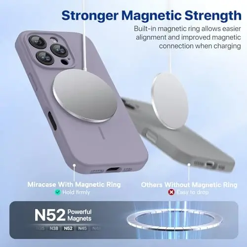 Miracase Magnetic for iPhone 16 Pro Case, [Soft Anti-Scratch Microfiber Lining], Compatible with MagSafe, Liquid Silicone Case Shockproof Drop Protection Phone Case for 16 Pro,Lavender Gray - 4