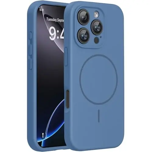 Miracase Magnetic for iPhone 16 Pro Max Case, [Soft Anti-Scratch Microfiber Lining], Compatible with MagSafe, Liquid Silicone Case Shockproof Drop Protection Phone Case for 16 ProMax,Glass Blue 