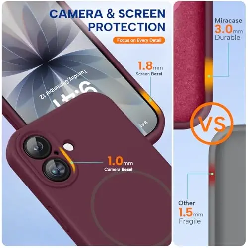 Miracase Magnetic for iPhone 17 Case, MagSafe bilan mos, Integral Silikon Kamera Nazorat Qopqog'i, 3.0mm Qalin Zarba o'tkazmaydigan Tomchi himoyasi 17 uchun, Vino Qizil - MIRACASE (1)