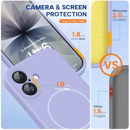 Miracase Magnetic for iPhone 17 Case, MagSafe bilan mos, Oʻrnatilgan Silikon Kamera Boshqaruv Qopqogʻi, 3.0mm Qalinlikdagi Zarba oʻtkazmaydigan Tushishdan Himoya Telefon Gʻilofi 17, Och Binafsha - 3