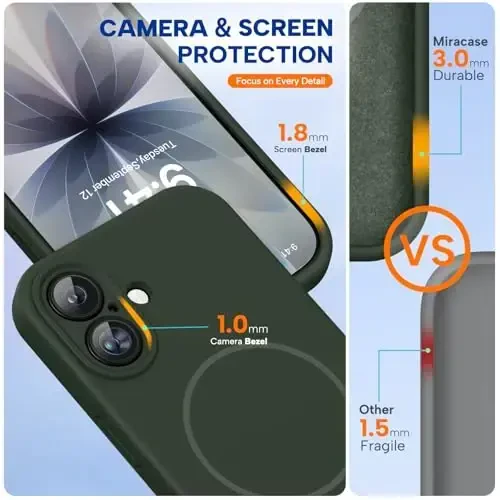 Miracase Magnetic for iPhone 17 Case, MagSafe bilan mos, Oʻrnatilgan Silikon Kamera Boshqaruv Qopqogʻi, 3.0mm Qalinlikdagi Zarba oʻtkazmaydigan Tushishdan Himoya Telefon Gʻilofi 17 uchun, Toʻq yashil - 10