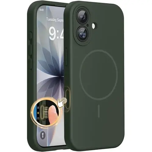 Miracase Magnetic for iPhone 17 Case, MagSafe bilan mos, Oʻrnatilgan Silikon Kamera Boshqaruv Qopqogʻi, 3.0mm Qalinlikdagi Zarba oʻtkazmaydigan Tushishdan Himoya Telefon Gʻilofi 17 uchun, Toʻq yashil 