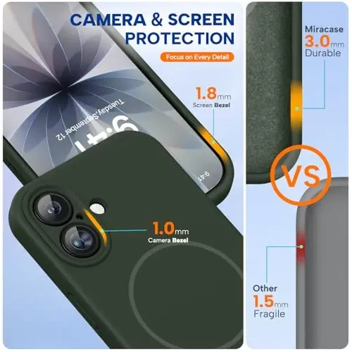 Miracase Magnetic for iPhone 17 Case, MagSafe bilan mos, Oʻrnatilgan Silikon Kamera Boshqaruv Qopqogʻi, 3.0mm Qalinlikdagi Zarba oʻtkazmaydigan Tushishdan Himoya Telefon Gʻilofi 17 uchun, Toʻq yashil - 3