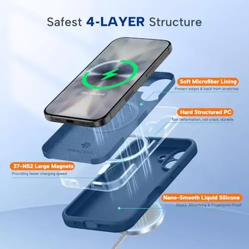 Miracase Magnetic for iPhone 17 Case, MagSafe bilan mos, O'rnatilgan silikon kamera boshqaruv qopqog'i, 3.0mm qalinlikdagi zarbga chidamli telefon qutisi 17 uchun, Shisha Moviy - 5