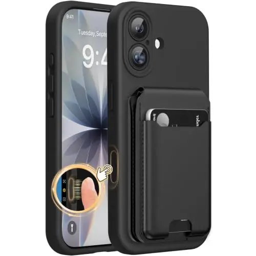 Miracase Magnetic for iPhone 17 Case & Stand Wallet, Compatible with MagSafe, Integrated Silicone Camera Control Cover, Magnetic Force 3000Gs,5-Card Holder,Black+Black - 1