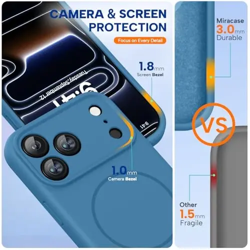 Miracase Magnetic for iPhone 17 Pro Case, MagSafe bilan mos, O'rnatilgan Silikon Kamera Boshqaruv Qopqog'i, 3.0mm Qalinlikdagi Zarba o'tkazmaydigan Himoya Telefon Qutisi 17 Pro uchun, Capri Blue - 4
