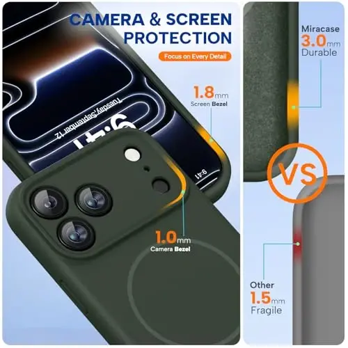 Miracase Magnetic for iPhone 17 Pro Case, MagSafe bilan mos, O'rnatilgan Silikon Kamera Boshqaruv Qopqog'i, 3.0mm Qalinlikdagi Zarba o'tkazmaydigan Tushishdan Himoya Telefon Qutisi 17 Pro,To'q yashil - 2