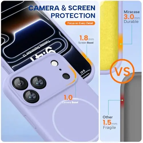 Miracase Magnetic for iPhone 17 Pro Case, MagSafe bilan mos, Oʻrnatilgan silikon kamera boshqaruv qopqogʻi, 3.0mm qalinlikdagi zarbga chidamli telefon gʻilofi 17 Pro uchun, och binafsha - MIRACASE (1)