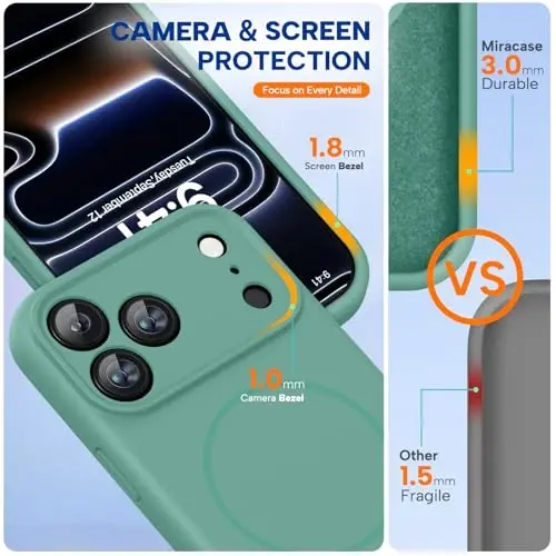 Miracase Magnetic for iPhone 17 Pro Case, MagSafe bilan mos, Oʻrnatilgan silikon kamera boshqaruv qopqogʻi, 3.0mm qalinlikdagi zarbga chidamli tushishdan himoya telefon qutisi 17 Pro uchun, Midnight Green - 2