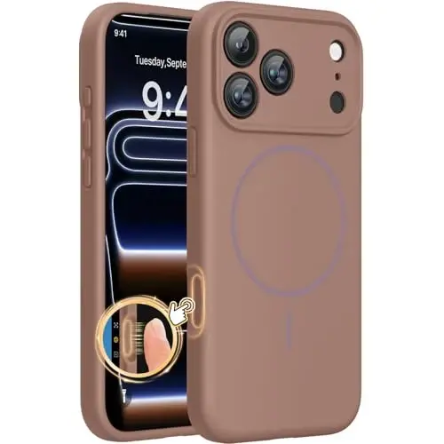 Miracase Magnetic for iPhone 17 Pro Max Case, MagSafe bilan mos, Oʻrnatilgan silikon kamera boshqaruv qopqogʻi, 3,0 mm qalinlikdagi zarbga chidamli tushishdan himoya telefon qutisi 17 ProMax uchun, Shokolad 