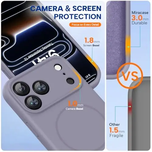 Miracase Magnetic for iPhone 17 Pro Max Case, MagSafe bilan mos, Silikon kamerali boshqaruv qopqog'i integratsiyalashgan, 3.0mm qalinlikdagi zarbga chidamli tushishdan himoya qiluvchi telefon qutisi 17 ProMax uchun, Lavanda kulrang - 4