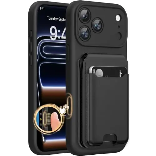 Miracase Magnetic for iPhone 17 Pro Max Case & Stand Wallet, Compatible with MagSafe, Integrated Silicone Camera Control Cover, Magnetic Force 3000Gs,5-Card Holder,Black+Black 