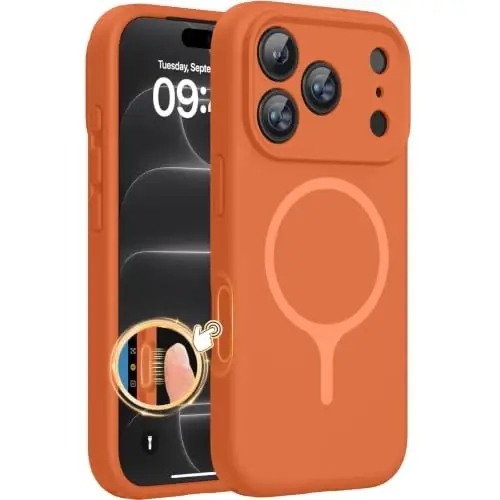 Miracase Magnetic for iPhone 18 Pro Case, Silicone, Amber Orange | Compatible with MagSafe, Soft Microfiber Lining,Shockproof Drop Protection Phone Case for 18 Pro - 1