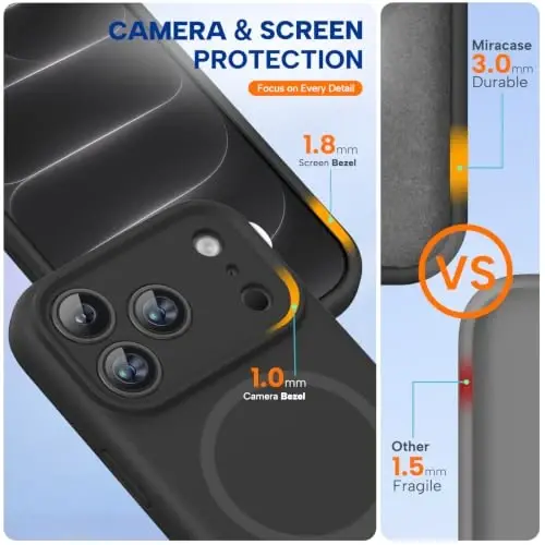 Miracase Magnetic for iPhone 18 Pro Case, Silicone, Black | Compatible with MagSafe, Soft Microfiber Lining,Shockproof Drop Protection Phone Case for 18 Pro - 3
