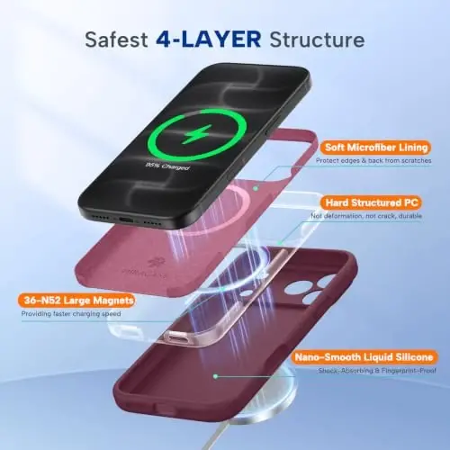 Miracase Magnetic for iPhone 18 Pro Case, Silicone, Wine Red | Compatible with MagSafe, Soft Microfiber Lining,Shockproof Drop Protection Phone Case for 18 Pro - 5