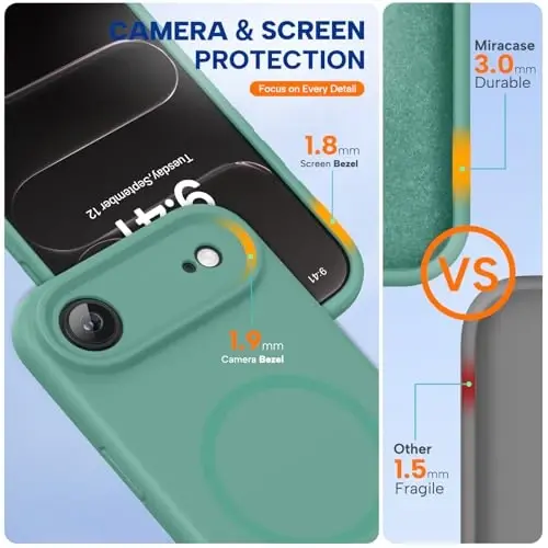 Miracase Magnetic for iPhone Air Case, MagSafe bilan mos, Oʻrnatilgan silikon kamera boshqaruv qopqogʻi, 3,0 mm qalinlikdagi zarbga chidamli tushishdan himoya qiluvchi telefon qutisi 17 Air uchun, Midnight Green - 2