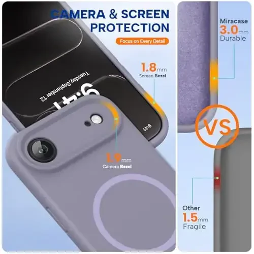 Miracase Magnetic for iPhone Air Case, MagSafe bilan mos, Oʻrnatilgan silikon kamera boshqaruv qopqogʻi, 3,0 mm qalinlikdagi zarbga chidamli tushishdan himoya telefon qutisi 17 Air, Lavanda kulrang uchun - MIRACASE (1)