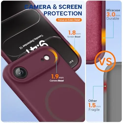 Miracase Magnetic for iPhone Air Case, MagSafe bilan mos, O'rnatilgan silikon kamera boshqaruv qopqog'i, 3.0mm qalinlikdagi zarbga chidamli tushishdan himoya qiluvchi telefon qutisi 17 Air, Sharob rangi - 2