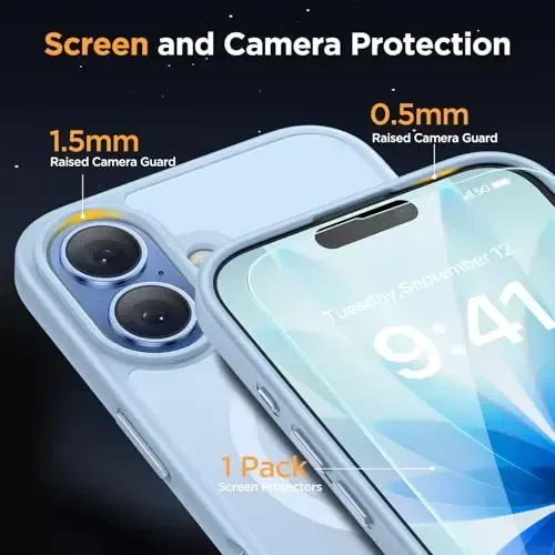 Miracase Magnetic for Phone 17 Case (Compatible with MagSafe) with Screen Protector Military-Grade Protection, Anti-Fingerprint Translucent Matte Phone Cover for Phone 17 6.3 inch, Light Blue - 5