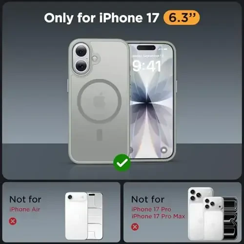 Miracase Magnetic for Phone 17 Case (MagSafe bilan mos) ekran himoyachisi bilan harbiy darajadagi himoya, barmoq izlariga qarshi yarim shaffof matli telefon qopqog'i Phone 17 6,3 dyuym, kulrang - 3