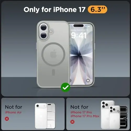 Miracase Magnetic for Phone 17 Case (MagSafe bilan mos) ekran himoyachisi bilan harbiy darajadagi himoya, barmoq izlariga qarshi yarim shaffof matli telefon qopqog'i Phone 17 6,3 dyuym, kulrang - 3
