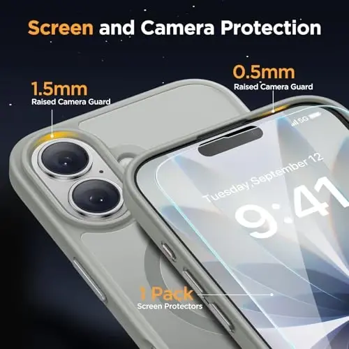 Miracase Magnetic for Phone 17 Case (MagSafe bilan mos) ekran himoyachisi bilan harbiy darajadagi himoya, barmoq izlariga qarshi yarim shaffof matli telefon qopqog'i Phone 17 6,3 dyuym, kulrang - 6