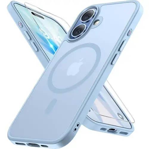 Miracase Magnetic for Phone 17 Case (MagSafe bilan mos) Ekran himoyachisi bilan Harbiy darajadagi himoya, Barmoq izlariga qarshi yarim shaffof matli telefon qopqog'i Phone 17 6,3 dyuym, och ko'k 