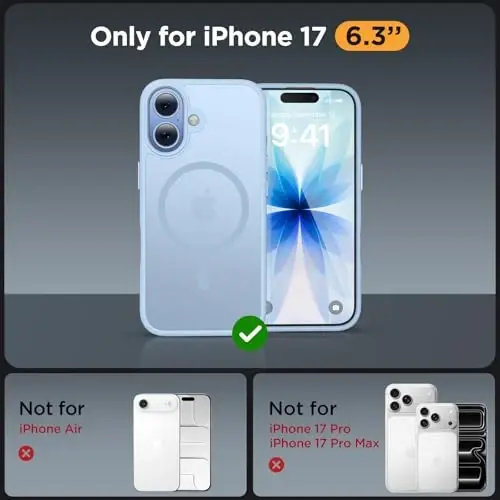 Miracase Magnetic for Phone 17 Case (MagSafe bilan mos) Ekran himoyachisi bilan Harbiy darajadagi himoya, Barmoq izlariga qarshi yarim shaffof matli telefon qopqog'i Phone 17 6,3 dyuym, och ko'k - MIRACASE (1)