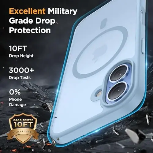Miracase Magnetic for Phone 17 Case (MagSafe bilan mos) Ekran himoyachisi bilan Harbiy darajadagi himoya, Barmoq izlariga qarshi yarim shaffof matli telefon qopqog'i Phone 17 6,3 dyuym, och ko'k - 4