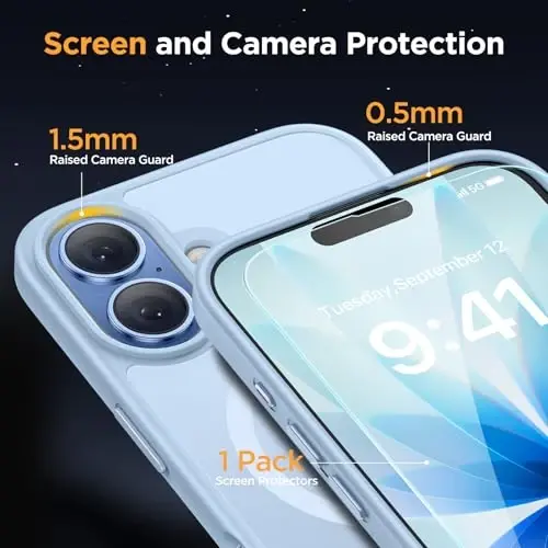 Miracase Magnetic for Phone 17 Case (MagSafe bilan mos) Ekran himoyachisi bilan Harbiy darajadagi himoya, Barmoq izlariga qarshi yarim shaffof matli telefon qopqog'i Phone 17 6,3 dyuym, och ko'k - 5