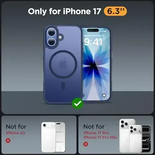 Miracase Magnetic for Phone 17 Case (MagSafe bilan mos) ekran himoyachisi bilan harbiy darajadagi himoya, barmoq izlariga qarshi yarim shaffof matli telefon qopqog'i Phone 17 6,3 dyuym, to'q ko'k - 2