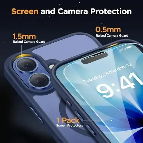 Miracase Magnetic for Phone 17 Case (MagSafe bilan mos) ekran himoyachisi bilan harbiy darajadagi himoya, barmoq izlariga qarshi yarim shaffof matli telefon qopqog'i Phone 17 6,3 dyuym, to'q ko'k - 5