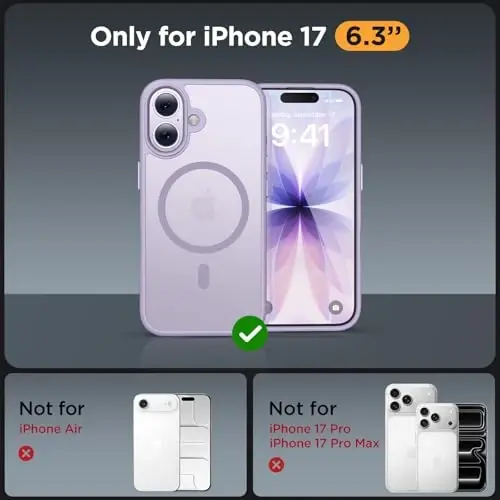 Miracase Magnetic for Phone 17 Case (MagSafe bilan mos) ekran himoyachisi bilan Harbiy darajadagi himoya, barmoq izlariga qarshi yorug'lik o'tkazuvchi matli telefon qopqog'i Phone 17 6.3 dyuym, och binafsha - MIRACASE (1)