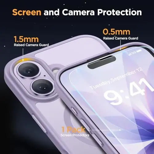 Miracase Magnetic for Phone 17 Case (MagSafe bilan mos) ekran himoyachisi bilan Harbiy darajadagi himoya, barmoq izlariga qarshi yorug'lik o'tkazuvchi matli telefon qopqog'i Phone 17 6.3 dyuym, och binafsha - 5