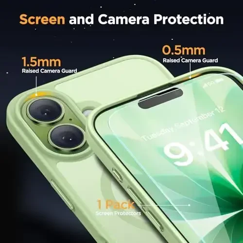 Miracase Magnetic for Phone 17 Case (MagSafe bilan mos) Ekran himoyachisi Harbiy darajadagi himoya, barmoq izlariga qarshi yarim shaffof matli telefon qopqog'i Phone 17 6.3 dyuym, Matcha Green - 5