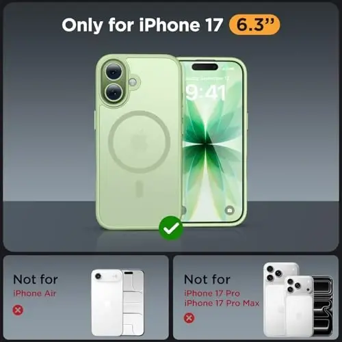 Miracase Magnetic for Phone 17 Case (MagSafe bilan mos) Ekran himoyachisi Harbiy darajadagi himoya, barmoq izlariga qarshi yarim shaffof matli telefon qopqog'i Phone 17 6.3 dyuym, Matcha Green - 2