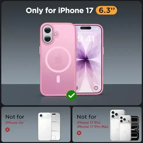 Miracase Magnetic for Phone 17 Case (MagSafe bilan mos) Ekran himoyachisi Harbiy darajadagi himoya, Barmoq izlariga qarshi yarim shaffof matli telefon qopqog'i Phone 17 6,3 dyuym, Mes-pushti - 2