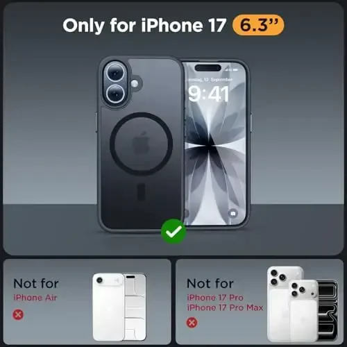 Miracase Magnetic for Phone 17 G'ilofi (MagSafe bilan mos) Ekran himoyachisi bilan Harbiy darajadagi himoya, barmoq izlariga qarshi yarim shaffof matli telefon qopqog'i Phone 17 6,3 dyuym, qora - MIRACASE (1)