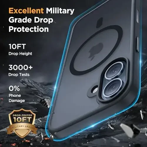 Miracase Magnetic for Phone 17 G'ilofi (MagSafe bilan mos) Ekran himoyachisi bilan Harbiy darajadagi himoya, barmoq izlariga qarshi yarim shaffof matli telefon qopqog'i Phone 17 6,3 dyuym, qora - 4