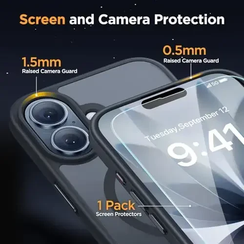 Miracase Magnetic for Phone 17 G'ilofi (MagSafe bilan mos) Ekran himoyachisi bilan Harbiy darajadagi himoya, barmoq izlariga qarshi yarim shaffof matli telefon qopqog'i Phone 17 6,3 dyuym, qora - 5