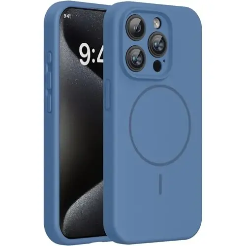 Miracase Magnetic for iPhone 15 Pro Case, [Soft Anti-Scratch Microfiber Lining], Compatible with MagSafe, Liquid Silicone Shockproof Drop Protection Phone Case for 15 Pro, Glass Blue 