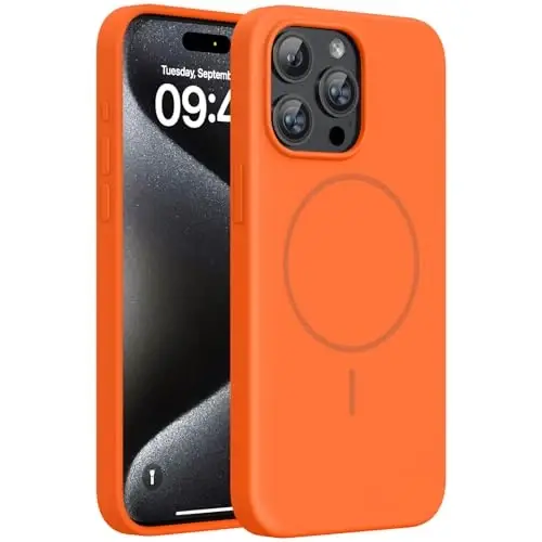 Miracase Magnetic, iPhone 15 Pro Max uchun g'ilof, [Yumshoq tirnalishga qarshi mikrofiber astar], MagSafe bilan mos, Suyuq silikon g'ilof, 15 ProMax uchun zarbaga chidamli va tushishdan himoyalovchi telefon g'ilofi, To'q sariq - 5