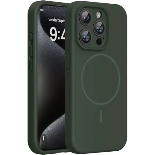 Miracase Magnetic for iPhone 15 Pro Case, [Soft Anti-Scratch Microfiber Lining], Compatible with MagSafe, Liquid Silicone Shockproof Drop Protection Phone Case for 15 Pro, Dark Green 