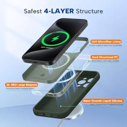 Miracase Magnetic for iPhone 15 Pro Case, [Soft Anti-Scratch Microfiber Lining], Compatible with MagSafe, Liquid Silicone Shockproof Drop Protection Phone Case for 15 Pro, Dark Green - 2