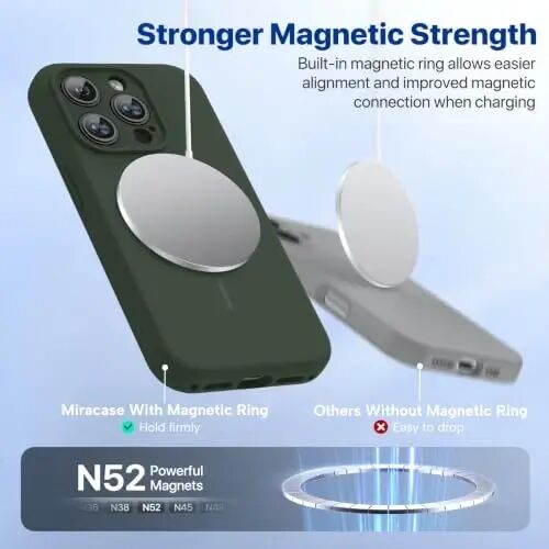 Miracase Magnetic for iPhone 15 Pro Case, [Soft Anti-Scratch Microfiber Lining], Compatible with MagSafe, Liquid Silicone Shockproof Drop Protection Phone Case for 15 Pro, Dark Green - 3
