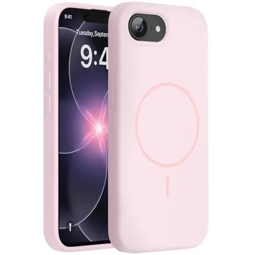 Miracase Magnetic, iPhone 17e va iPhone 16e g‘ilofi, [Yumshoq tirnalishga qarshi mikrofiber qoplamali], MagSafe bilan mos, iPhone 17e/16e uchun silikon zarbaga chidamli himoya g‘ilofi, Qum pushti rangda 