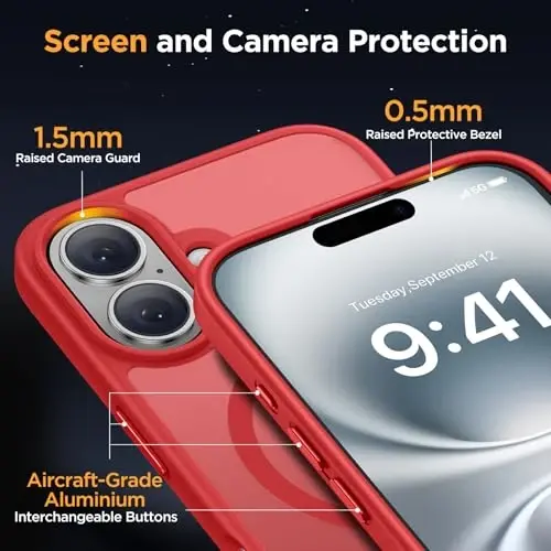 Miracase Magnetic Series for iPhone 16 Case [Compatible with MagSafe] [with 2X Screen Protectors] Military-Grade Protection, Anti-Fingerprint, Slim Phone Case for iPhone 16 6.1 inch - Red - 5