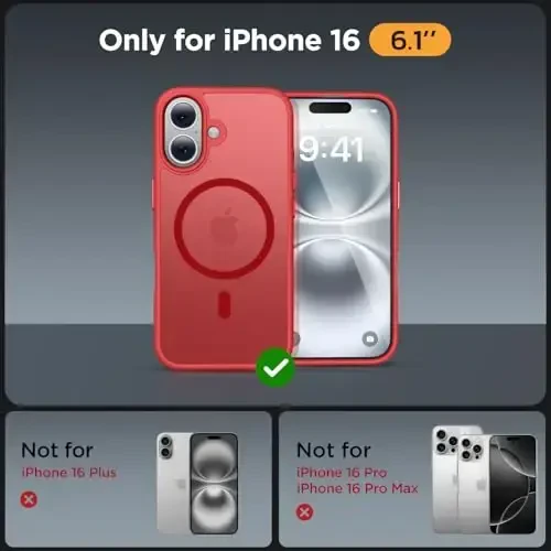 Miracase Magnetic Series for iPhone 16 Case [MagSafe bilan mos] [2X ekran himoyachilari bilan] Harbiy darajadagi himoya, barmoq izlariga qarshi, iPhone 16 6.1 dyuym uchun nozik telefon qutisi - Qizil - MIRACASE (1)
